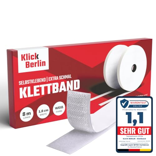 Klick Berlin Klettband Selbstklebend | 1,6 cm x 8 m | Schmal | Klett Klebeband klebt auf vielen Flächen | Klettverschluss | 16 mm breit, 8 Meter lang, weiß von Klick Berlin