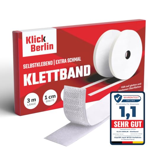 Klick Berlin Klettband Selbstklebend | 1 cm x 3 m | Extra schmal | Klett Klebeband klebt auf vielen Flächen | Klettverschluss | 10 mm breit, 3 Meter lang Weiß von Klick Berlin