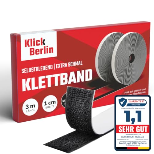 Klick Berlin Klettband Selbstklebend | 1 cm x 3 m | Extra schmal | Klett Klebeband klebt auf vielen Flächen | Klettverschluss | 10 mm breit, 3 Meter lang von Klick Berlin