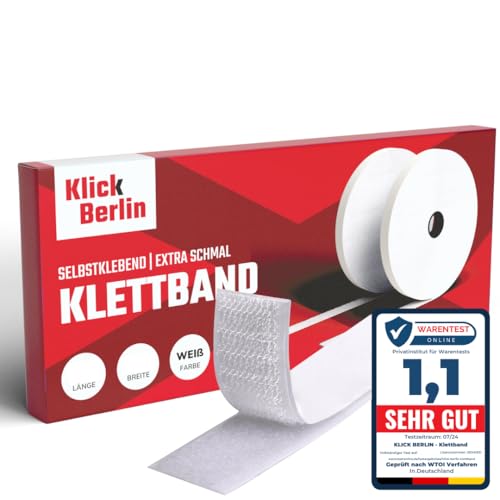 Klick Berlin Klettband Selbstklebend | 2 cm x 12 m | Extra stark und schmal | Klett Klebeband klebt auf vielen Flächen | Klettverschluss | 20 mm breit, 12 Meter lang von Klick Berlin