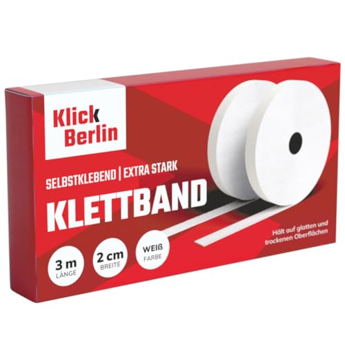 Klick Berlin Klettband Selbstklebend | 2 cm x 3 m | Schmal | Klett Klebeband klebt auf vielen Flächen | Klettverschluss | 20mm breit, 3 Meter lang von Klick Berlin