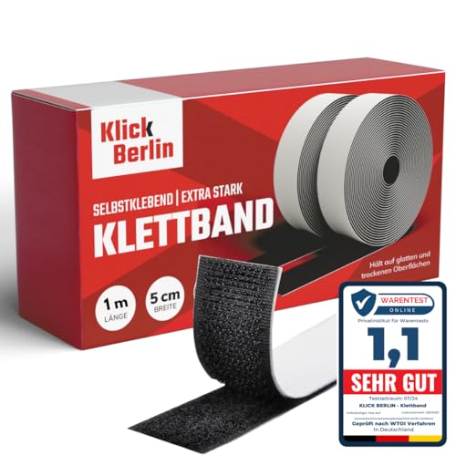 Klick Berlin Klettband Selbstklebend Extra Stark 5 cm breit | Klett Klebeband klebt auf vielen Flächen | Klettverschluss | 50mm breit, 1 Meter lang von Klick Berlin