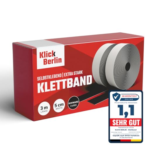 Klick Berlin Klettband Selbstklebend Extra Stark 5 cm x 3 m | Klett Klebeband klebt auf vielen Flächen | Klettverschluss | 50mm breit, 3 Meter lang | Schwarz von Klick Berlin