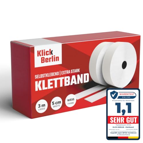 Klick Berlin Klettband Selbstklebend Extra Stark 5 cm x 3 m | Klett Klebeband klebt auf vielen Flächen | Klettverschluss | 50mm breit, 3 Meter lang | Weiß von Klick Berlin