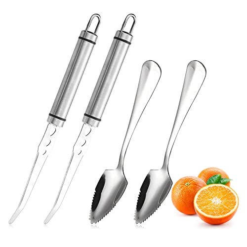 Grapefruit Messer, Edelstahl Grapefruit Messer 2 Stück, Grapefruit Messer gebogen mit 2 Stück Grapefruit Löffeln, für Grapefruit und Orangen Küchenutensil von Klyuqoz