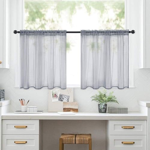 KnSam Scheibengardine, Grau Voile Bistrogardine Stangendurchzug Transparente Kurzstore Kurzvorhang Küchen Vorhang Kurzgardine Gardine Stores HxB 45x130cm von KnSam