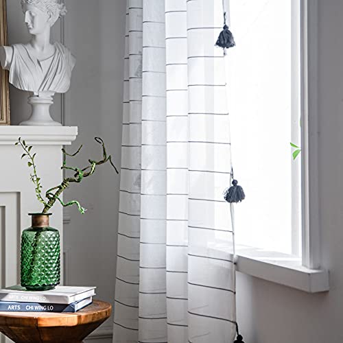 KnSam Transparente Vorhang mit Ösen Schwarz Weiß, Streifen Quaste Voile Gardinen Trnsparent aus Voile Polyester, 132x160CM(BxH) von KnSam