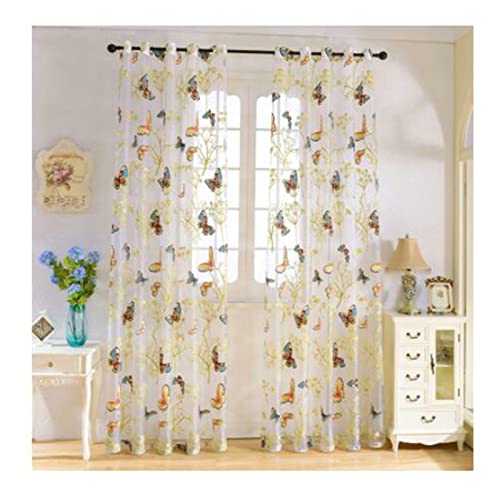 KnSam Vorhänge Wohnzimmer Junge Bunt, Transparent Schmetterling Halbtransparent Vorhänge Fenster mit Ösen Leicht Soft Vorhänge Motiv Baumwolle Schlafzimmer, 160x132cm(H x B), 2er Set von KnSam