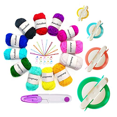 Pompom-Maker, 4 Größen, Flauschbälle, Webernadeln, Pompoms, Bastelset, Puppenherstellung, Set enthält 12 Garn + 1 Schere + 10 Maschenmarkierer + 10 Kunststoffnadeln (37). von Knewmart