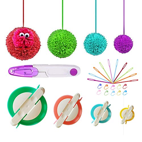 Pompom-Maker, 4 Größen, Flauschbälle, Webernadeln, Pompoms, Bastelset, Puppenherstellung, enthält 1 Schere + 10 Maschenmarkierer + 10 Kunststoffnadeln (25) von Knewmart