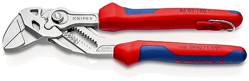 KNIPEX Zangenschlüssel Zange und Schraubenschlüssel in einem Werkzeug mit Mehrkomponenten-Hüllen, mit integrierter Befestigungsöse zum Anbringen einer Absturzsicherung verchromt 180 mm 86 05 180 T BK von Knipex