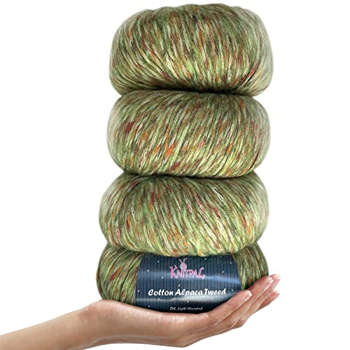 Baumwoll-Alpaka-Tweed, #3 DK, helles Kammgarn, 4 Stück (536 m/200 g), superweiche, flauschige Mischung zum Stricken und Häkeln, mehrfarbige Hüte, Schals, Kleidungsstücke, Decken (Minzgrün) von KnitPal