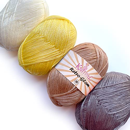 Retro-Glam Metallic-Garn, verschiedene Farben, super weich und glänzend zum Stricken und Häkeln, Großgröße 4 Knäuel, 400 g, 3 DK Gewicht (Golden Sunshine) von KnitPal