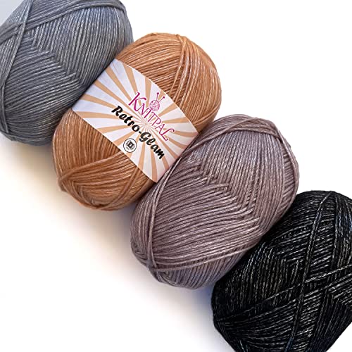 Retro-Glam Metallic Glänzendes Garn, verschiedene Farben, Variety Pack, super weich und glänzend zum Basteln, Großgröße 4 Knäuel, 400 g, 3 DK Gewicht/leichtes Kammgarn (Silber und Gold) von KnitPal