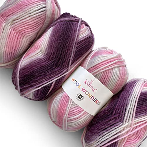 Wool Wonders Dickes Garn Nr. 4, mittelschwer, Kammgarn, 30% australische Wolle und 70% Acryl, 4 Knäuel, 400 g/584 m, Pflaumenrosa von KnitPal