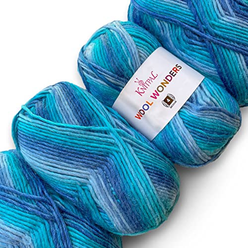 Wool Wonders Wollgarn zum Stricken und Häkeln, mittelschwer, mittelschwer, 30% australische Wolle und 70% Acryl, 4 Knäuel, 400 g/584 m (Blaues Wasser) von KnitPal