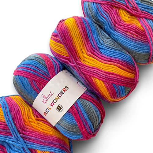 Wool Wonders selbstgestreiftes buntes #4 mittelschweres Kammgarn, 30% australische Wolle und 70% Acryl, 4 Knäuel, 400 g / 600 m (Lutscher-Wirbel) von KnitPal