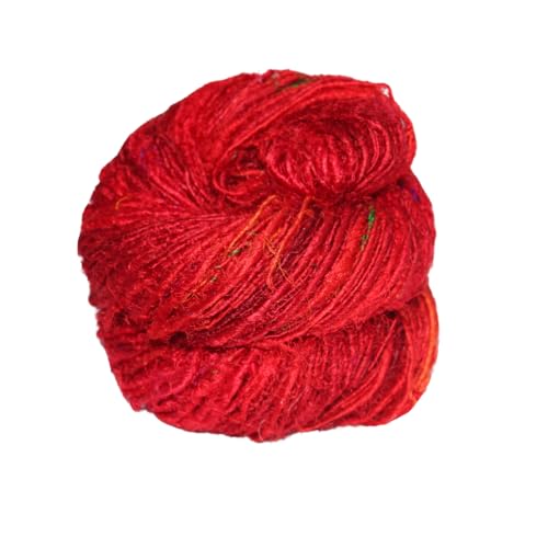 Knitsilk Premium recyceltes Sari-Seide-Kammgarn (137 + Meter), ideal zum Stricken, Häkeln und zur Schmuckherstellung, nachhaltiges und einzigartiges Texturgarn, Rot, 2 Stück von Knitsilk