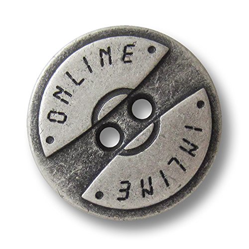 Knopfparadies - 10er Set sportlich moderne diskusförmige altsilberfarbene Zweiloch Metall Knöpfe mit Schriftzug "INLINE-ONLINE" / altsilberfarben, geschwärzt/Metallknöpfe von Knopfparadies