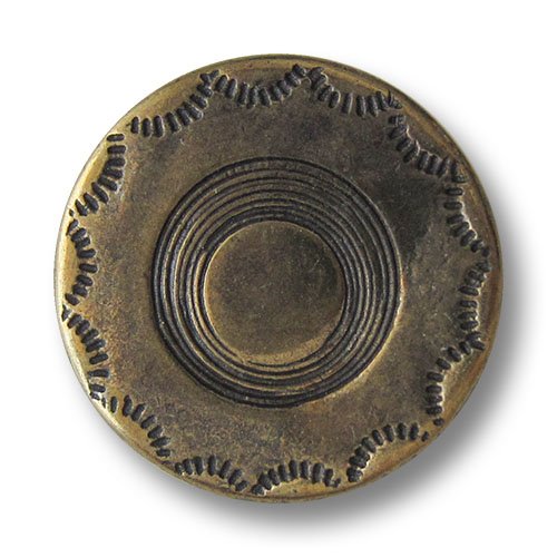 Knopfparadies - 5er Set älter wirkende flache altmessingfarbene Ösen Metallknöpfe mit einfachem, geschwärztem Muster und gewollten Knick, wie leicht verbogen/Ø ca. 23mm von Knopfparadies