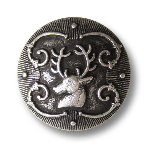 Knopfparadies - 6er Set bildschöne leicht gewölbte altsilberfarbene Ösen Metallknöpfe mit Hirsch Motiv und Ranken mit schraffiertem Rand/Altsilberfarben, geschwärzt/Metall Knöpfe/Ø ca. 20mm von Knopfparadies