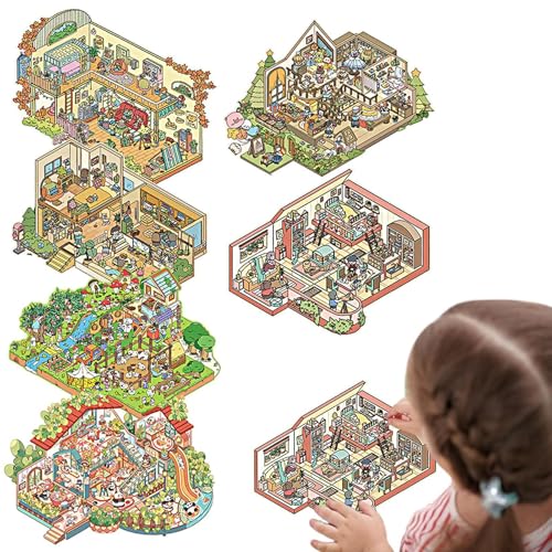 Miniatur -Szenenaufkleberbuch, Miniaturlandschaftsaufkleberbuch - Kreatives 3D-No-Cut-Cartoon House-Aufkleber,Dreamland Landscape Decal, Relief Stress Pass the Time Sticker für Zuhause, Junge, Schulde von Knowlife