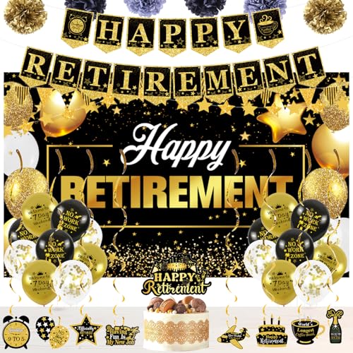 Party-Dekorationen "Happy Retirement" – inklusive "Happy Retirement"-Banner-Hintergrund, Banner, Ruhestandsposter, 8 hängende Wirbel, 6 Papier-Poms, 18 Luftballons und einen großen Kuchenaufsatz von KoMico