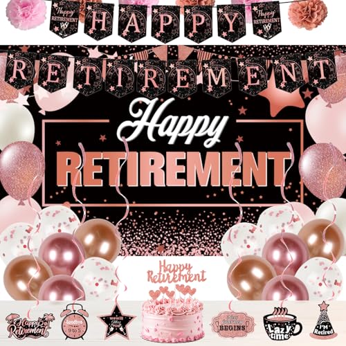 Party-Dekorationen "Happy Retirement" – inklusive "Happy Retirement"-Banner-Hintergrund, Banner, Ruhestandsposter, 8 hängende Wirbel, 6 Papier-Poms, 18 Luftballons und einen großen Kuchenaufsatz von KoMico