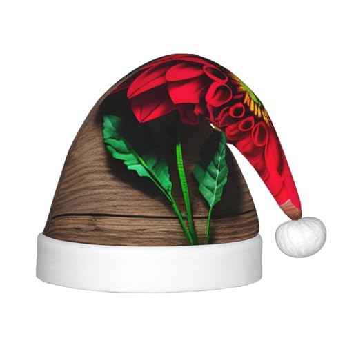 Holzbrett, Retro-Blume, rote Dahlie, 1 Stück, Plüsch-Weihnachtsmannmütze, Weihnachtsmütze für Weihnachtsfeier, Unisex, Teenager, Partyzubehör von KoNsev