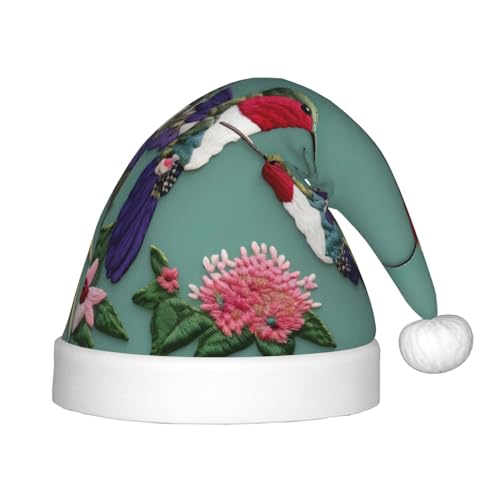 KoNsev Blumen-Kolibri-Stickereien, 1 Stück, Plüsch-Weihnachtsmannmütze, Weihnachtsmütze für Weihnachtsfeier, für Unisex, Teenager, Partyzubehör von KoNsev