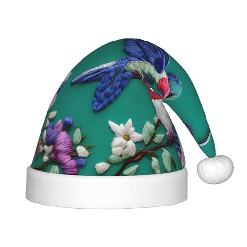 KoNsev Blumenkolibri-Stickerei, Plüsch-Weihnachtsmannmütze, Weihnachtsmütze für Weihnachtsfeier, Unisex, Teenager, Partyzubehör, 1 Stück von KoNsev