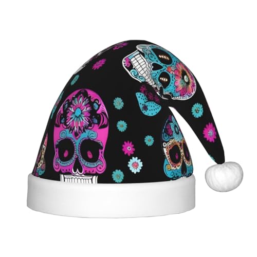 KoNsev Bunte Totenkopf-Druck, Plüsch-Weihnachtsmannmütze, Weihnachtsmütze für Weihnachtsfeier, Unisex, Teenager, Partyzubehör, 1 Packung von KoNsev