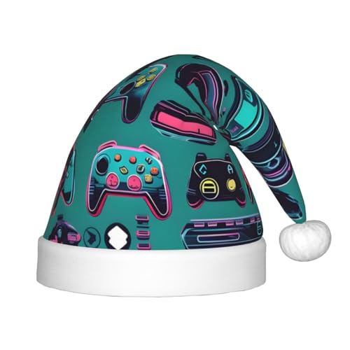 KoNsev Gaming-Controller-Muster, Plüsch-Weihnachtsmannmütze, Weihnachtsmütze für Weihnachtsfeier, Unisex, Teenager, Partyzubehör, 1 Stück von KoNsev