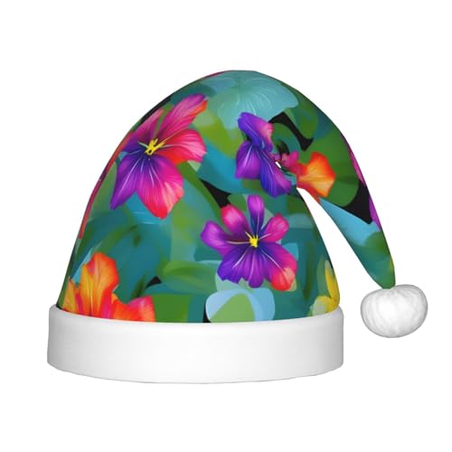 KoNsev Hawaiianische bunte Blume, 1 Stück, Plüsch-Weihnachtsmannmütze, Weihnachtsmütze für Weihnachtsfeier, Unisex-Teenager-Zubehör von KoNsev