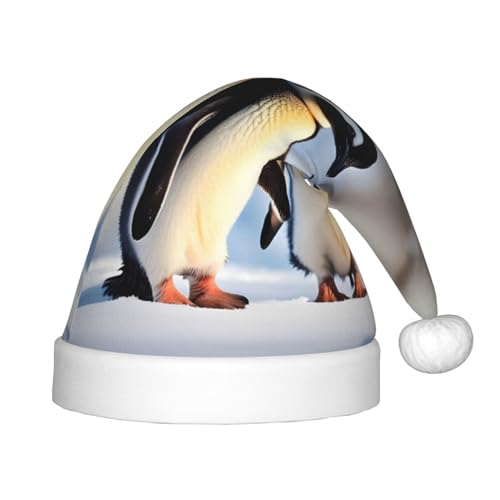 KoNsev Junge Pinguine mit Schnee, Plüsch-Weihnachtsmannmütze, Weihnachtsmütze für Weihnachtsfeier, Unisex, Teenager, Partyzubehör, 1 Stück von KoNsev