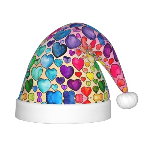 KoNsev Regenbogen-Herzen, Plüsch-Weihnachtsmannmütze, Weihnachtsmütze für Weihnachtsfeier, Unisex, Teenager, Partyzubehör, 1 Stück von KoNsev