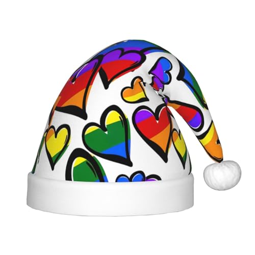 KoNsev Regenbogenfarbene Gay-Pride-Herzen, Plüsch-Weihnachtsmannmütze, Weihnachtsmütze für Weihnachtsfeier, Unisex, Teenager, Partyzubehör von KoNsev