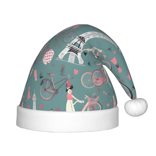 KoNsev Romantischer Paris Eiffelturm Fahrrad 1 Packung Plüsch-Weihnachtsmannmützen, Weihnachtsmützen für Weihnachtsfeier, Unisex, Teenager, Partyzubehör von KoNsev