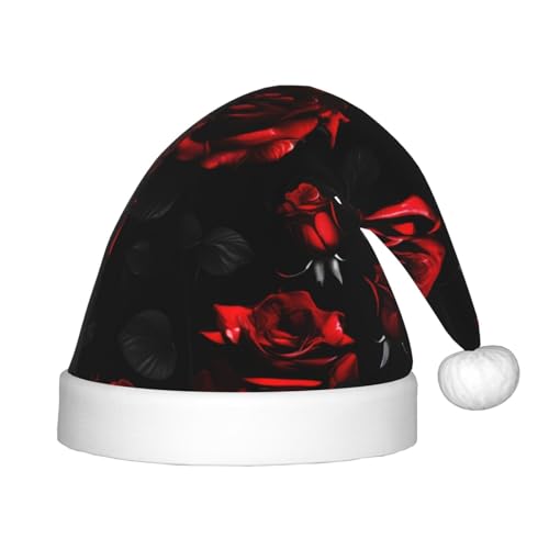 KoNsev Rote und schwarze Rosen, Plüsch-Weihnachtsmannmütze, Weihnachtsmütze für Weihnachtsfeier, Unisex, Teenager, Partyzubehör, 1 Stück von KoNsev