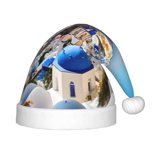 KoNsev Santorini Weihnachtsmütze mit griechischer Insel und Meerblick, Plüsch, Weihnachtsmütze für Weihnachtsfeier, Unisex, Teenager, Partyzubehör, 1 Stück von KoNsev