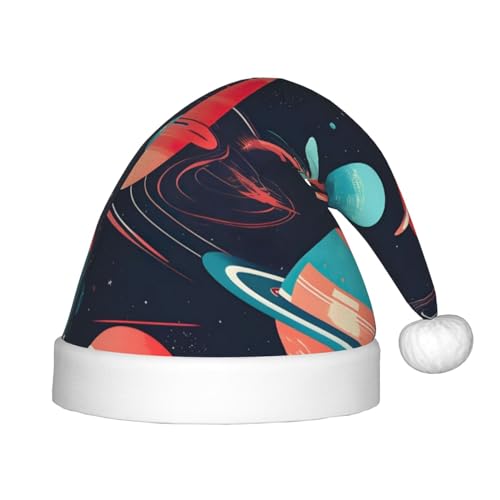 KoNsev Space Planets Plüsch-Weihnachtsmannmütze, Weihnachtsmütze für Weihnachtsfeier, Unisex, Teenager, Partyzubehör, 1 Stück von KoNsev