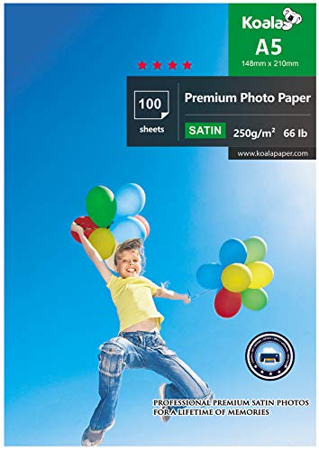 KOALA Inkjet Satin/Oyster Fotopapier, A5, 210 x 148 mm, 250 g/m², 100 Blatt, mit Premium-Satin-Harz beschichtet, für Canon, HP, Epson-Tintenstrahldrucker von Koala