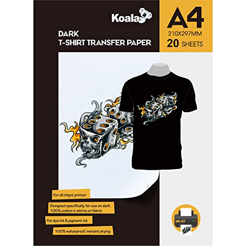 KOALA Inkjet Transferpapier zum Aufbügeln für Dunkle T-Shirt/Textilien, DIN A4, 20 Blatt. Für Tintenstrahldrucker von Koala