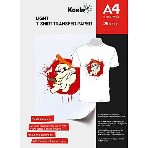 KOALA Inkjet Transferpapier zum Aufbügeln für helles und weißes T-Shirt/Textilien, DIN A4, 25 Blatt. Für Tintenstrahldrucker von Koala