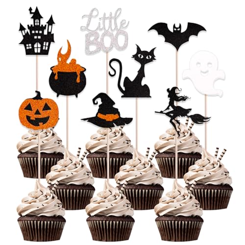 KOBOKO 18 Stück Halloween Tortendeko Fledermaus,Glitzer Halloween Deko Torte,Halloween Party Deko Ghost,Halloween Cupcake Toppers Katze,Kürbis Tortendeko Halloween Kuchendeko von Koboko