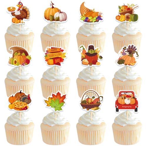 KOBOKO Herbst Cake Topper, 12 Stück Herbstdeko Kuchen Deko, Herbstdeko Tortendeko, Kürbis, Kleine Eicheln, Tannenzapfen und Kürbis, Ahornblätter, Happy Thanksgiving Tortendeko von Koboko