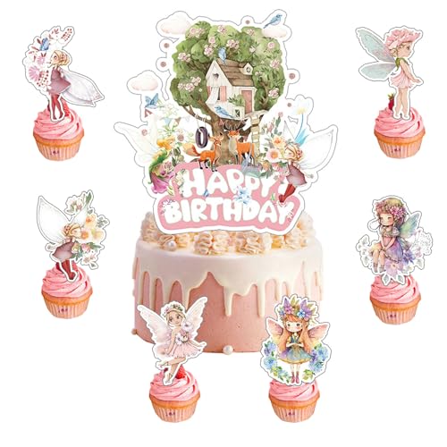 KOBOKO Feen Tortendeko Geburtstag,13 Stück Feen Cupcake Topper,Happy Birthday Elfe Cake Topper,Feen Geburtstag Deko Torten,Elfen Kuchendeko Kindergeburtstag,Feen Muffin Deko für Geburtstagsfeiern von Koboko