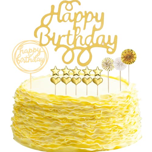 KOBOKO 16 Stück Tortendeko Geburtstag,Happy Birthday Tortendeko Gold,Glitzer Kuchendeko Geburtstag,Cake Topper Geburtstag Mädchen Junge Mann Frau,Happy Birthday Geburtstagskuchen Deko Stern Herz von Koboko