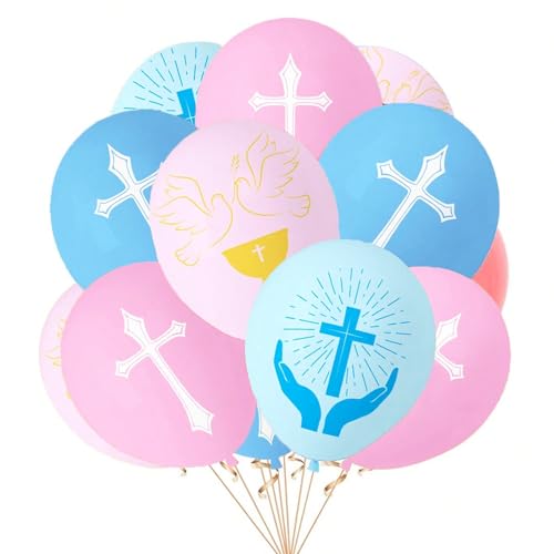 KOBOKO Taufe Deko Kommunion Luftballon, 12 Stk Deko Taufe Mädchen Junge Luftballons Rosa Blau, Taufdeko Taube Kreuz Helium Ballons, Taufe Deko Ballon für Babyparty, Kommunion, Babyshower Party Deko von Koboko