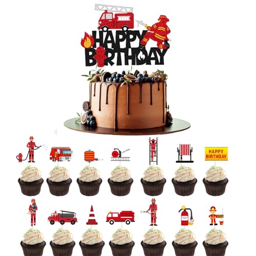 KOBOKO 15 Stück Feuerwehr Tortendeko Geburtstag, Feuerwehr Deko Kindergeburtstag, Tortendeko Feuerwehr, Fire Truck Cupcake Toppers, Geeignet für Mottopartys, Kindergeburtstage, Kuchendekorationen von Koboko